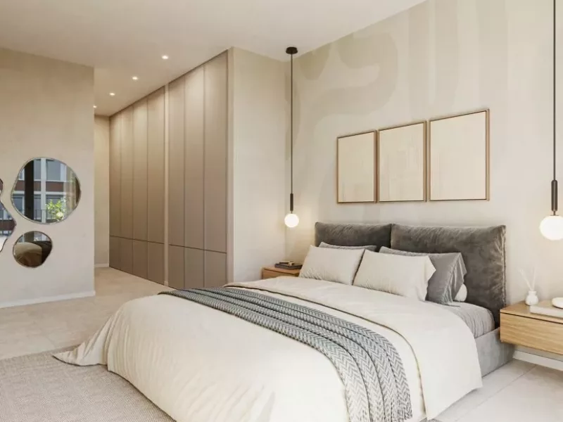 Render del dormitorio principal de una vivienda del Edificio Cervantes