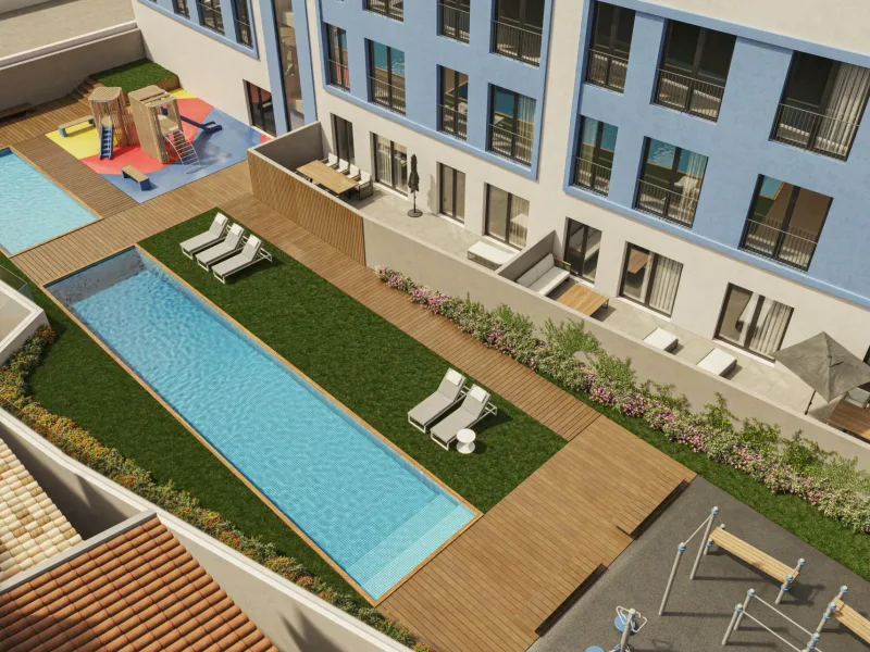 Render de la piscina y las zonas comunes del Edificio Cervantes