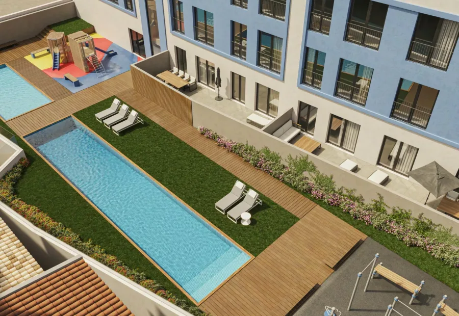 Render de la piscina y las zonas comunes del Edificio Cervantes