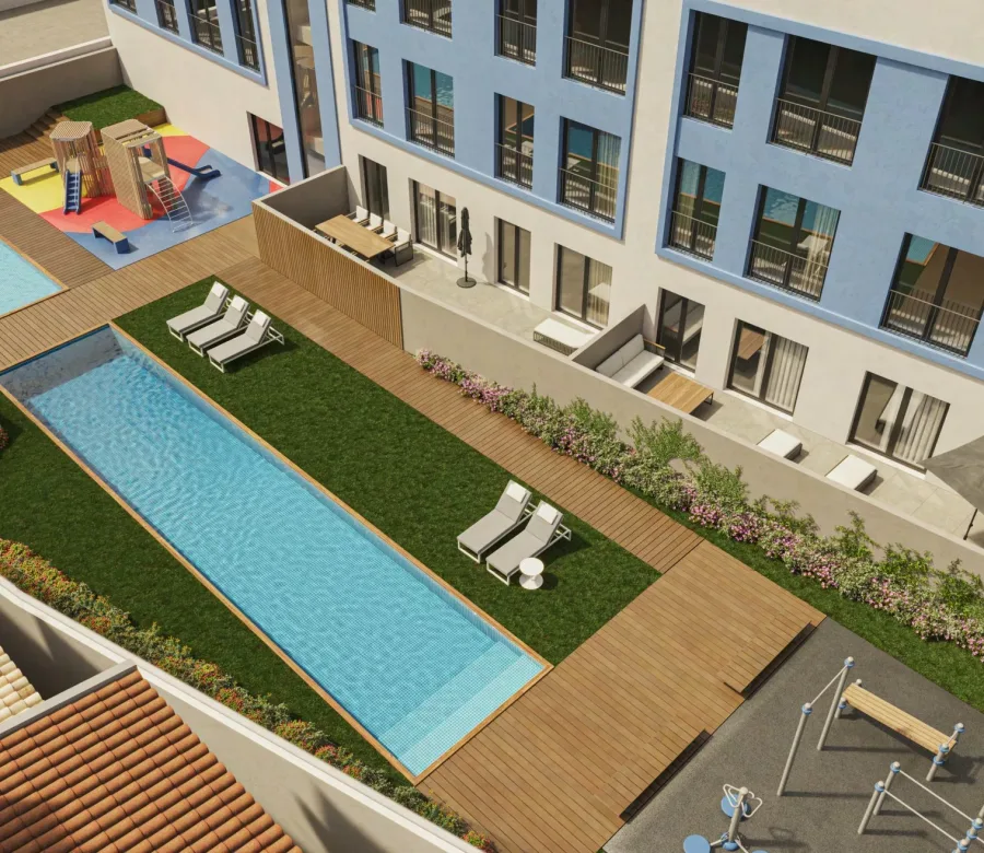 Render de la piscina y las zonas comunes del Edificio Cervantes