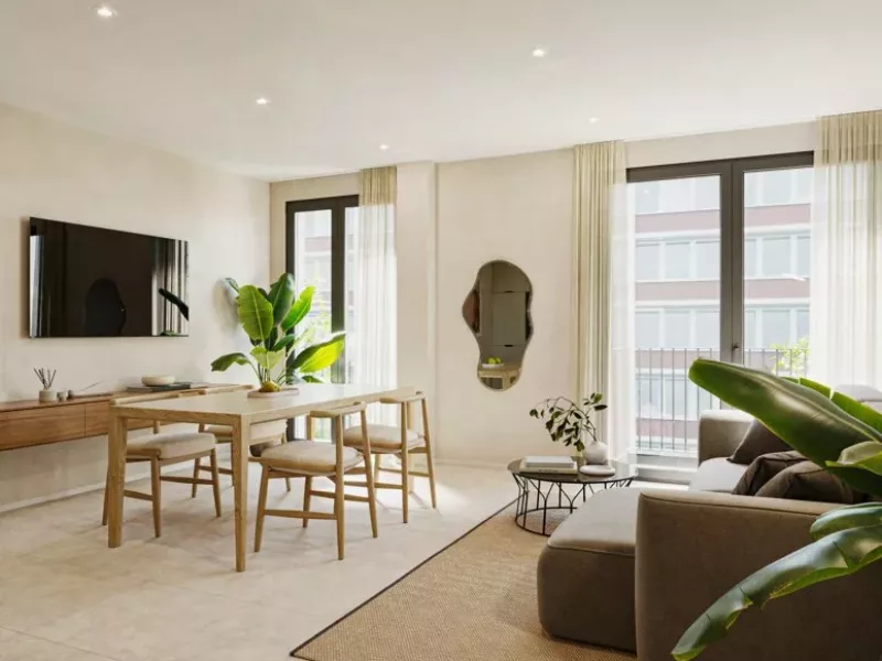 Render del salón comedor de una vivienda del Edificio Cervantes